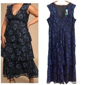 New Lulus Molinetto Floral Lace Ruffled Maxi Dress 3X Navy
